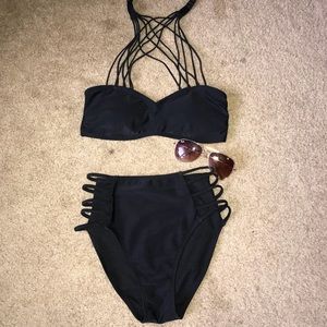 High neck strapped detail bikini top